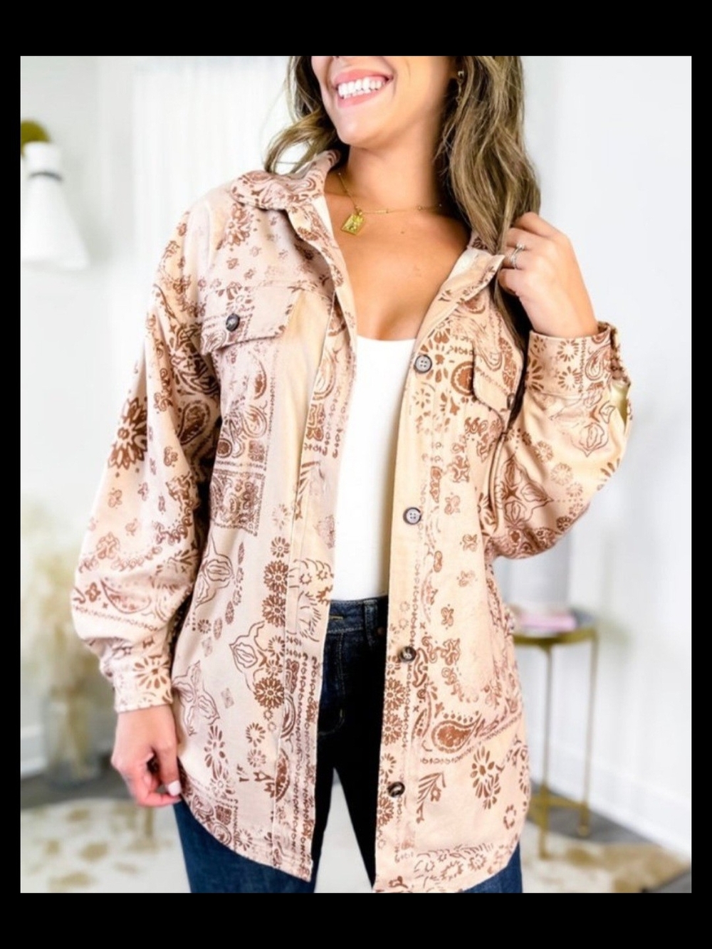 BiBi Beige Paisley Utility Shacket